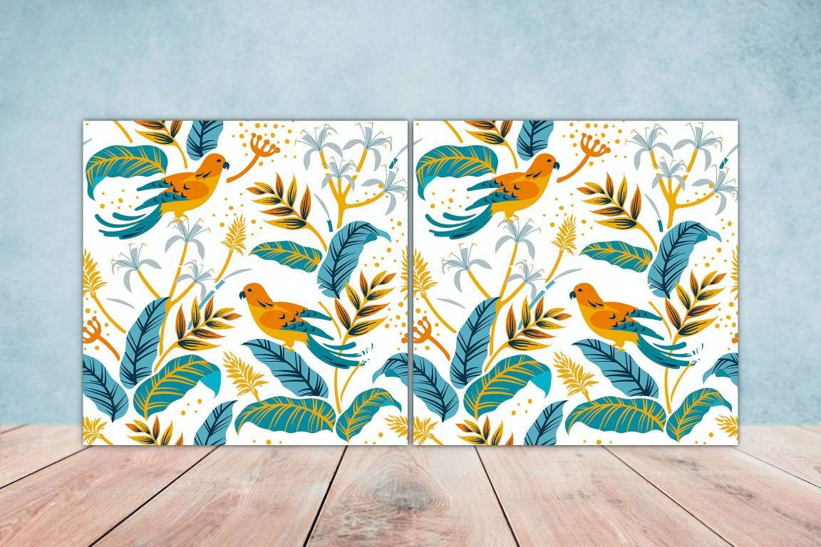 Birds and Flowers Ceramic Tiles - Set of 2 Wall Decor Tiles -Kitchen Backsplash Tiles,Table Decorative Tiles,Bathroom tiles, shower tiles
