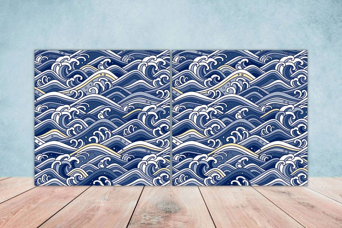 Japanese Wave Ceramic Tiles - Set of 2 Japan Wall Decor Tiles - Kitchen Backsplash Tiles, Table Decorative Tiles, Bathroom Tiles, Coaster