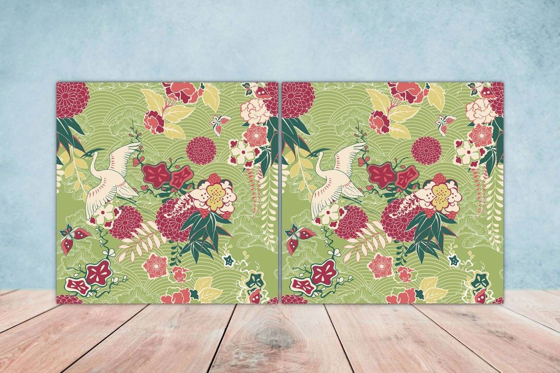 Japanese Ceramic Bird Tiles - Set of 2 Japan Wall Decor Tiles - Kitchen Backsplash Tiles, Table Decorative Tiles, Bathroom Tiles, Coaster