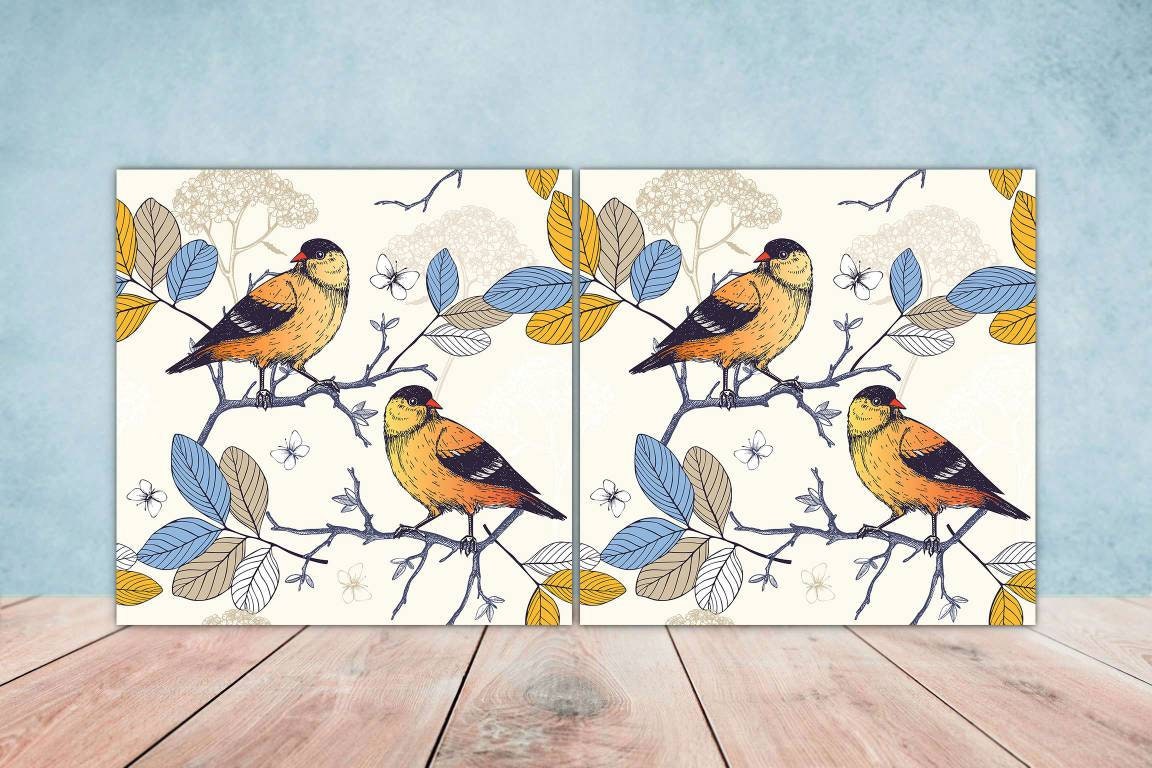 Japanese Ceramic Bird Tiles - Set of 2 Japan Wall Decor Tiles - Kitchen Backsplash Tiles, Table Decorative Tiles, Bathroom Tiles, Coaster