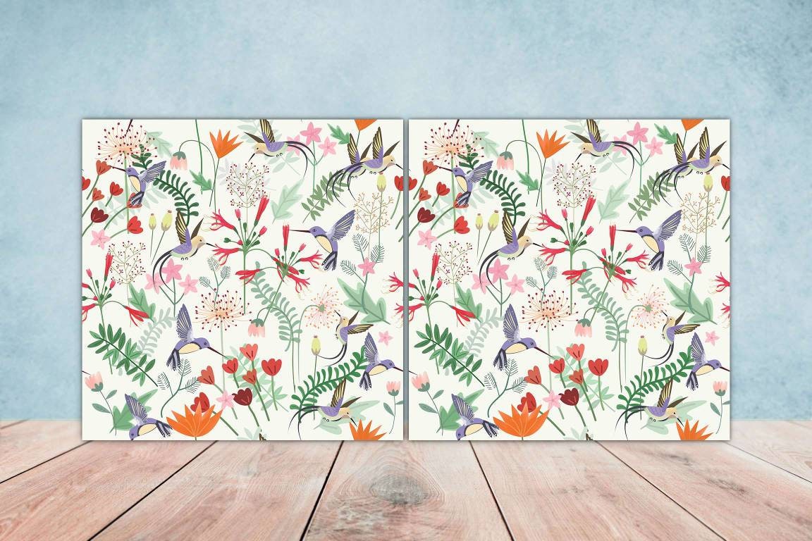 Birds and Flowers Ceramic tiles - Set of 2 Birds and Flowers Wall Decor Tiles - Kitchen Backsplash Tiles, Decorative Tiles, Bathroom Tiles