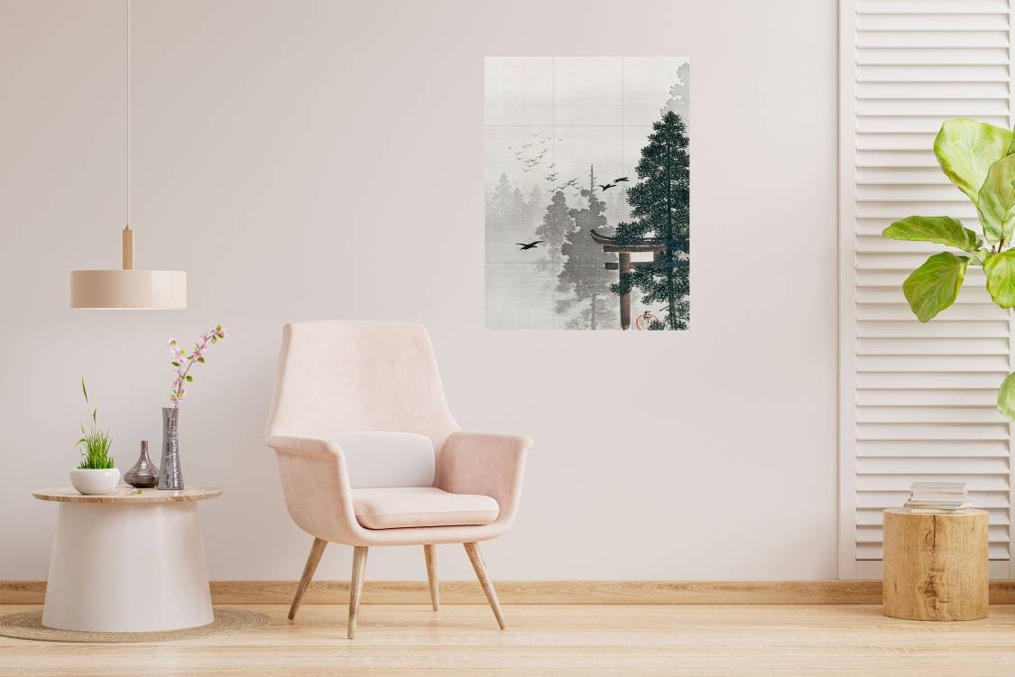 Tile Mural/Mosaic Ceramic Panel of Ohara Koson Flock of Birds and a Torii Gate - Japanese Mural -Birds wall print- Gloss Tiles - Tile Mosaic