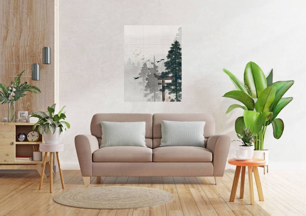 Tile Mural/Mosaic Ceramic Panel of Ohara Koson Flock of Birds and a Torii Gate - Japanese Mural -Birds wall print- Gloss Tiles - Tile Mosaic