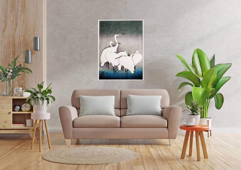 Tile Mural/Mosaic Ceramic Panel of Group of Egrets - Ohara Koson - Japanese print - Birds Mosaic - Egrets print - Birds Mural - Tile Mosaic