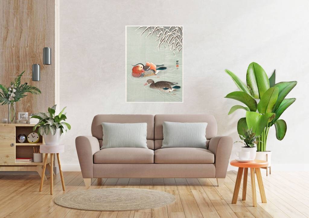 Tile Mural/Mosaic Ceramic Panel of Mandarin Ducks - Ohara Koson Art- Japanese Mural - Birds Mosaic - Gloss Tiles - Birds Mural - Tile Mosaic