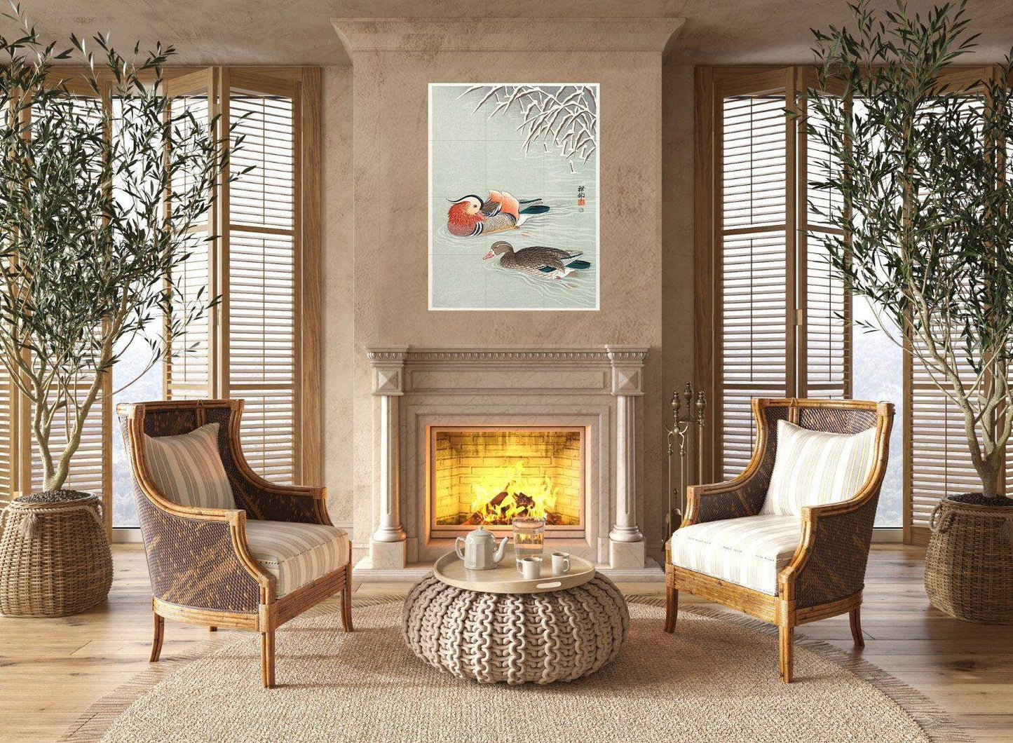 Tile Mural/Mosaic Ceramic Panel of Mandarin Ducks - Ohara Koson Art- Japanese Mural - Birds Mosaic - Gloss Tiles - Birds Mural - Tile Mosaic