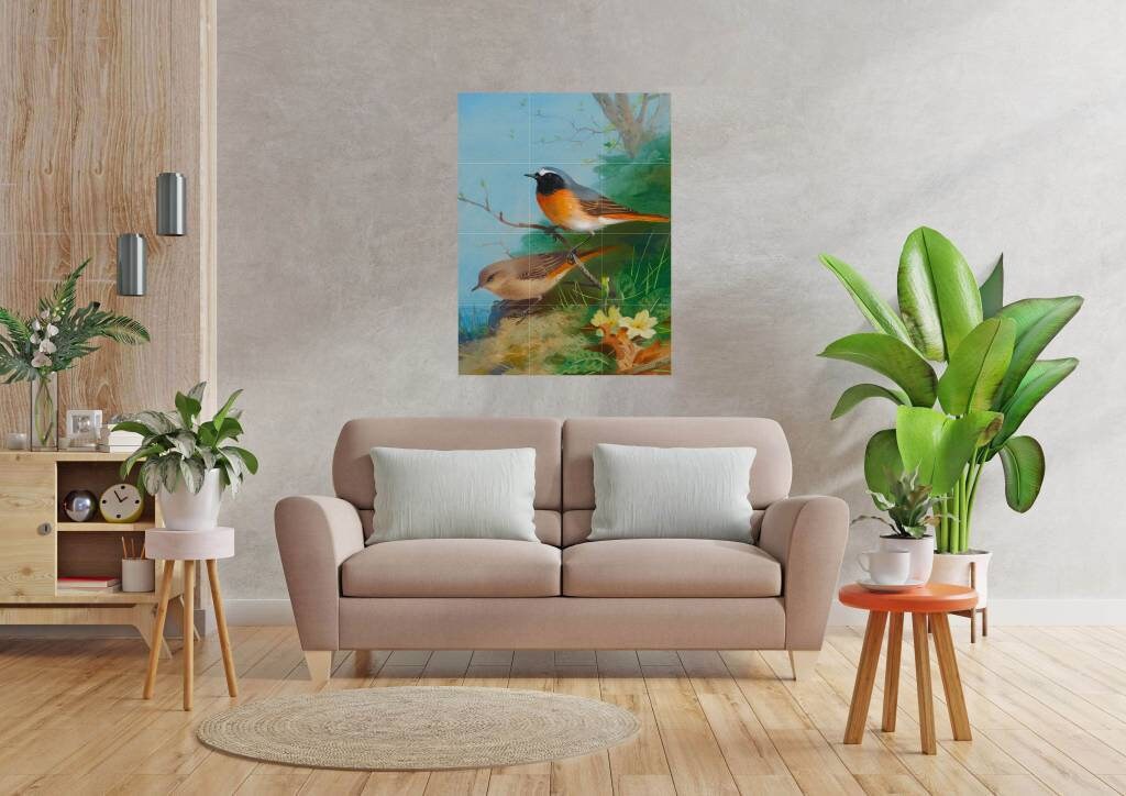 Tile Mural/Mosaic Ceramic Panel of a Pair of Redstarts - Archibald Thorburn print- Birds Mural -Bird Mosaic -Redstarts Wall Art -Gloss Tiles