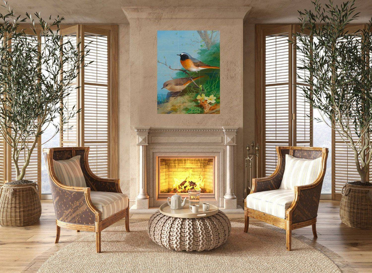 Tile Mural/Mosaic Ceramic Panel of a Pair of Redstarts - Archibald Thorburn print- Birds Mural -Bird Mosaic -Redstarts Wall Art -Gloss Tiles