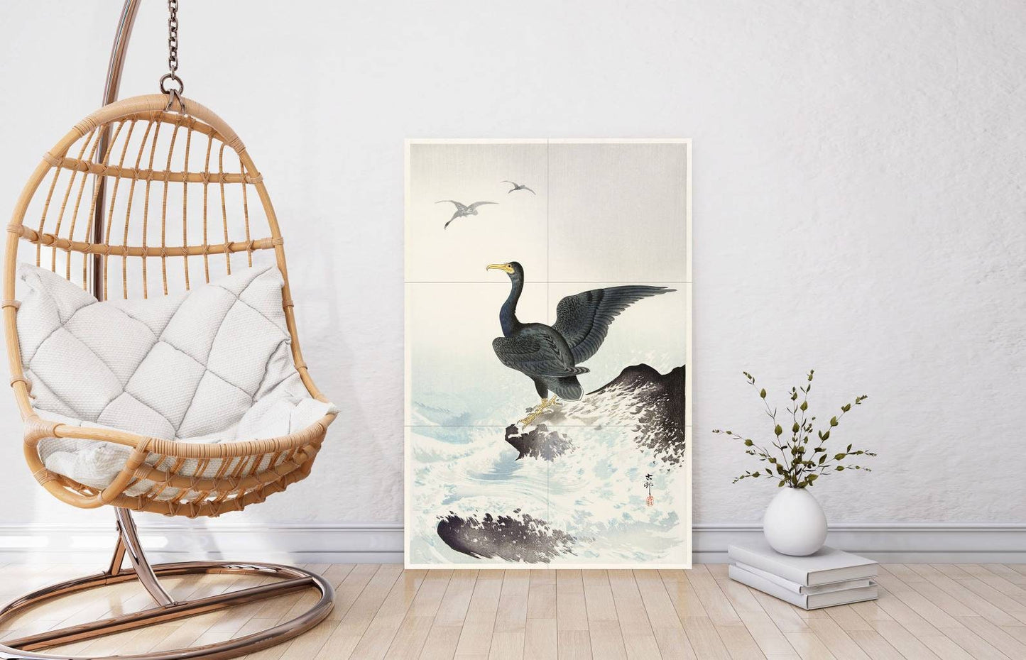 Tile Mural/Mosaic Ceramic Panel of Ohara Koson Red Mask Cormorant on Rock -Japanese Print - Birds Mosaic-Gloss Tiles-Birds Mural-Tile Mosaic
