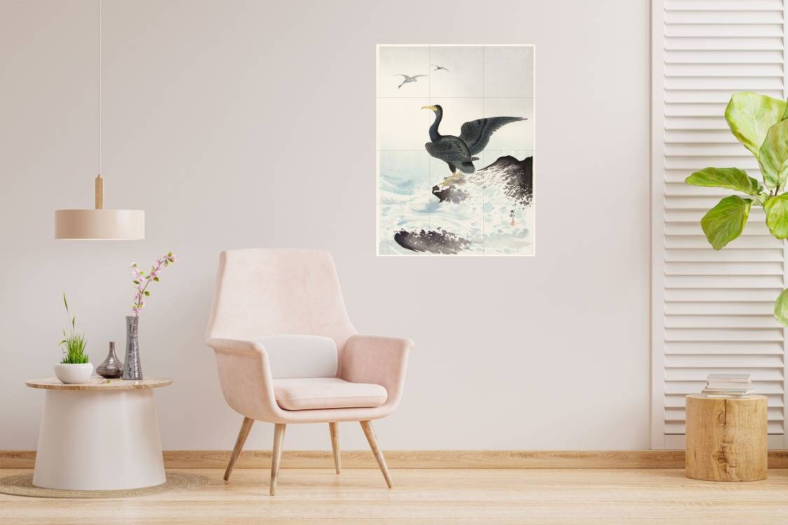 Tile Mural/Mosaic Ceramic Panel of Ohara Koson Red Mask Cormorant on Rock -Japanese Print - Birds Mosaic-Gloss Tiles-Birds Mural-Tile Mosaic