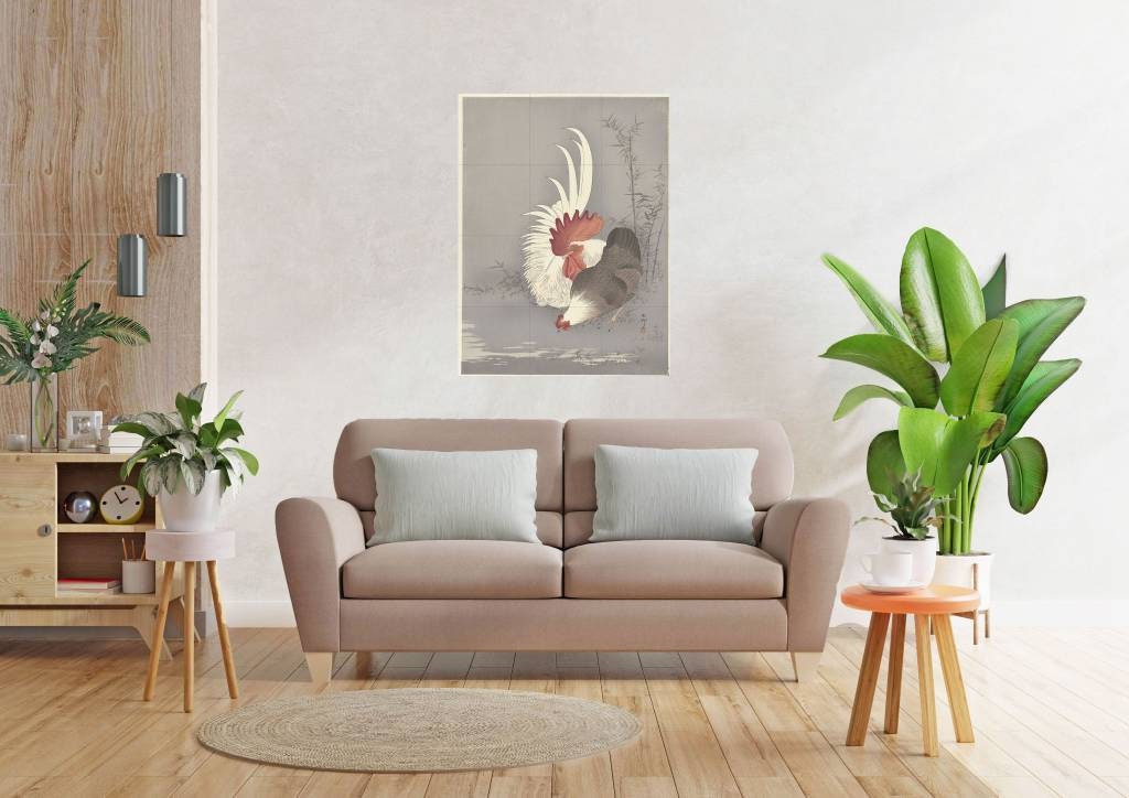 Tile Mural/Mosaic Ceramic Panel of Rooster and Chicken -Ohara Koson -Japanese Mural-Bird Mosaic -Gloss Tiles -Countryside Mural -Tile Mosaic