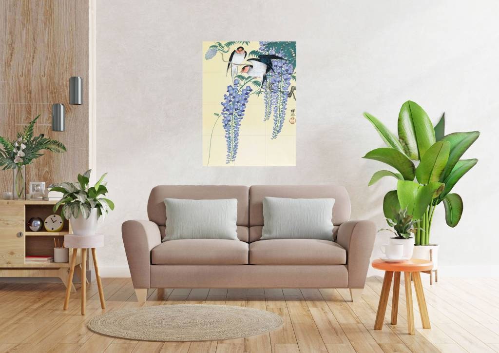 Tile Mural/Mosaic Ceramic Panel of Swallows and Wisteria - Ohara Koson Art-Japanese Mural -Birds Mosaic -Gloss Tiles-Birds Mural-Tile Mosaic