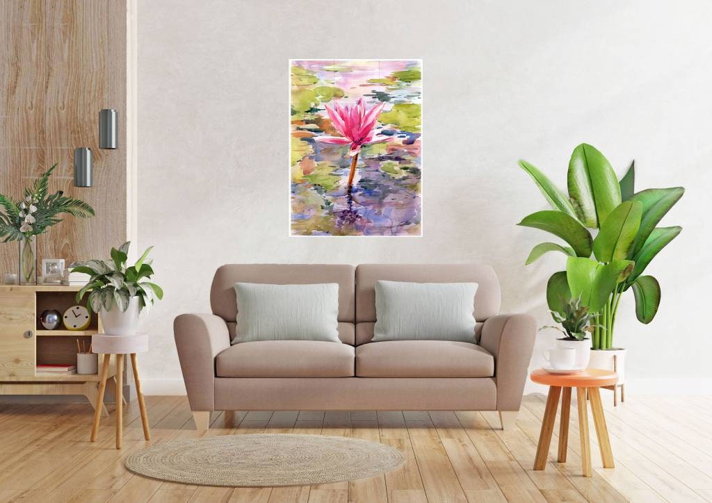 Tile Mural/Mosaic Ceramic of Lotus Flower Watercolor - Landscape Mural - Flower Wall Art - Floral Tile Mural - Gloss Tiles - Tile Mosaic