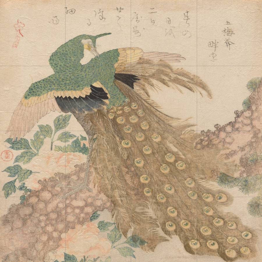 Tile Mural/Mosaic Ceramic Panel of Three Pieces Peacock - Kubo Shunman - Wall Art - Tile Mural - Birds Mural Art - Gloss Tiles - Tile Mosaic