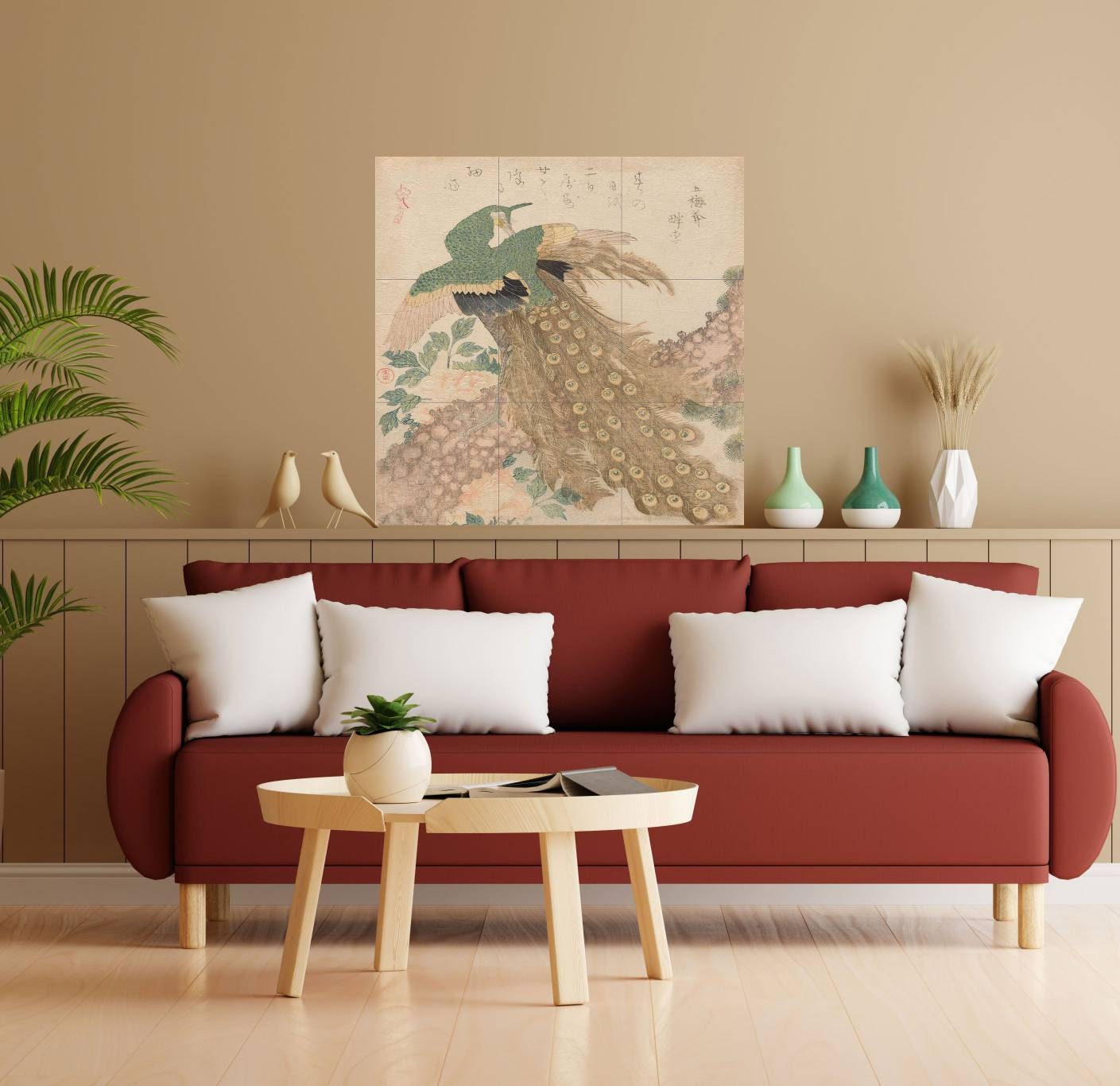Tile Mural/Mosaic Ceramic Panel of Three Pieces Peacock - Kubo Shunman - Wall Art - Tile Mural - Birds Mural Art - Gloss Tiles - Tile Mosaic
