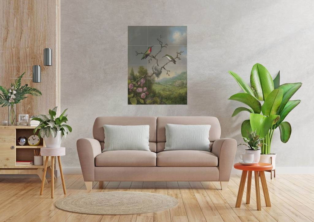 Tile Mural/Mosaic Ceramic Panel of Martin Johnson Heade Hummingbirds and apple blossom- Hummingbird wall print - Gloss Tiles- Tile Mosaic
