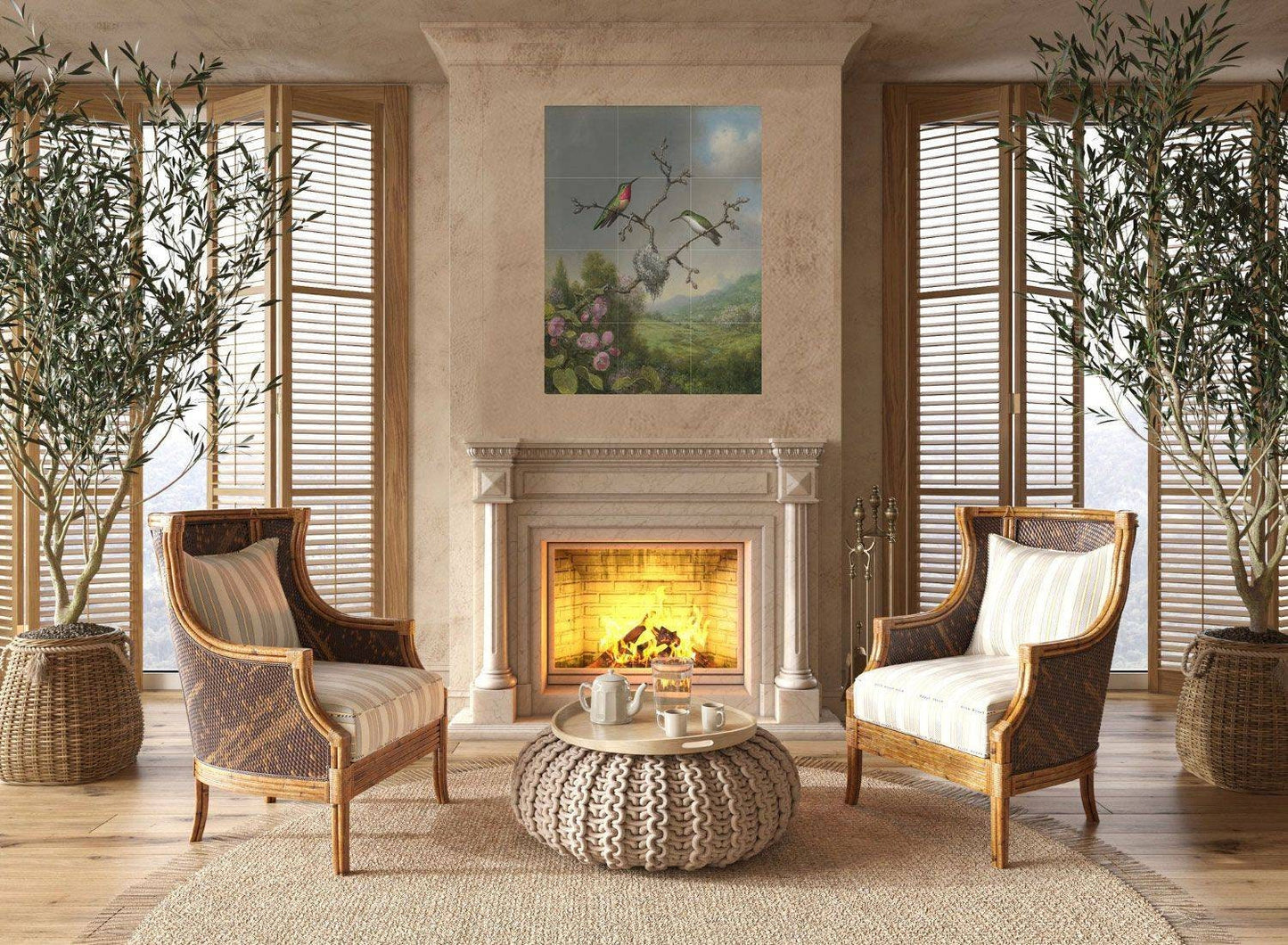 Tile Mural/Mosaic Ceramic Panel of Martin Johnson Heade Hummingbirds and apple blossom- Hummingbird wall print - Gloss Tiles- Tile Mosaic