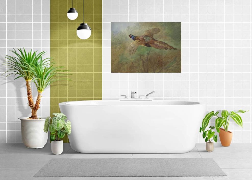 Tile Mural/Mosaic Ceramic Panel of a Pheasant in Flight - Archibald Thorburn - Birds Mural - Bird Mosaic - Gloss Tiles - Pheasant Mosaic Art