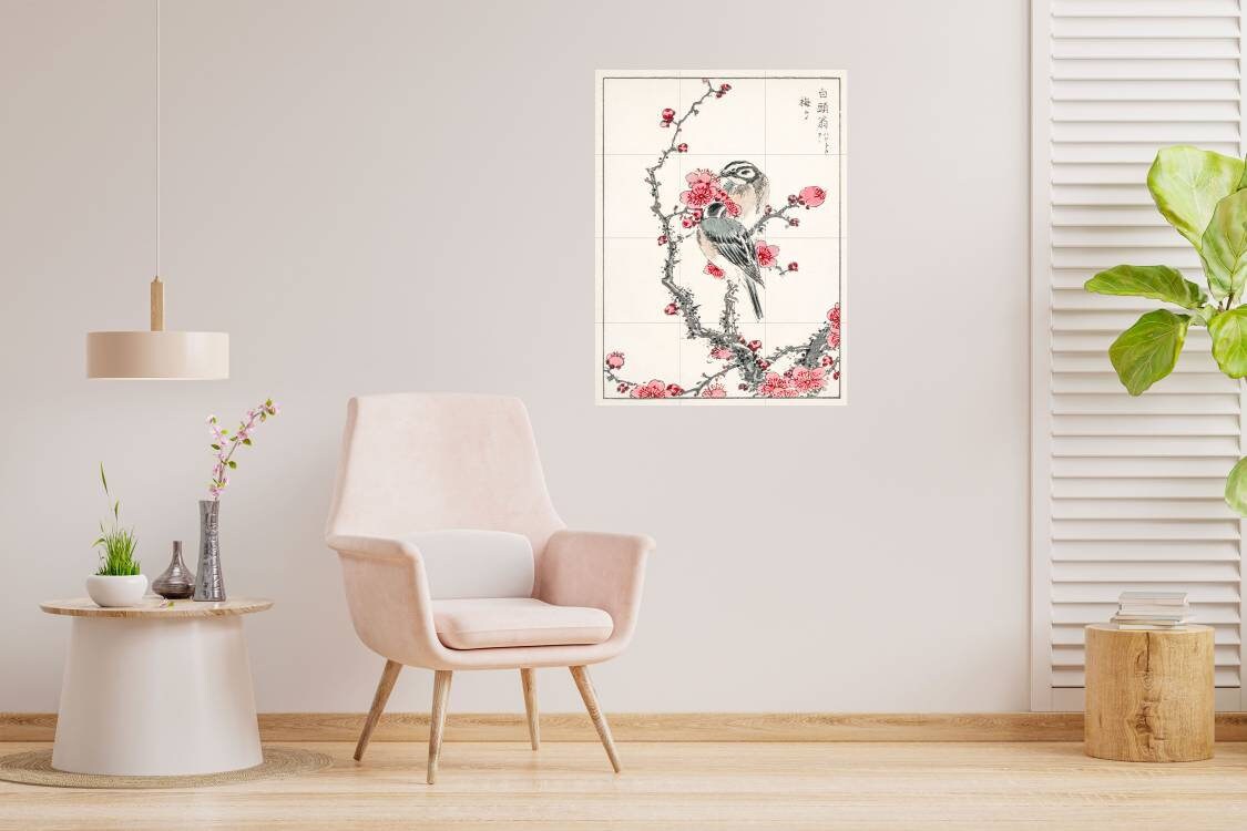 Tile Mural/Mosaic Ceramic Panel of Numata Kashu Pine Bunting and Plum Tree -Japanese Mural -Mumata Kashu print -Japanese Print -Tile Mosaic