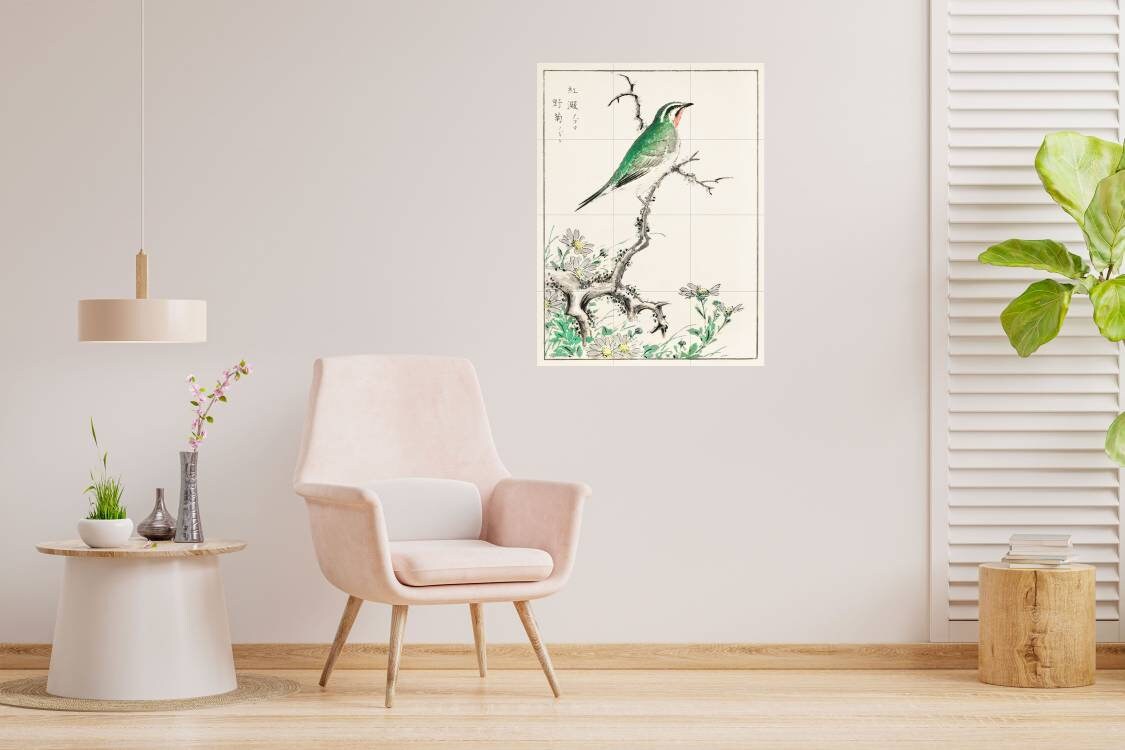 Tile Mural/Mosaic Ceramic Panel of Numata Kashu Ruby Throat and Wild Camomile -Japanese Print -Ruby bird Print -Gloss Tiles Bird Tile Mosaic
