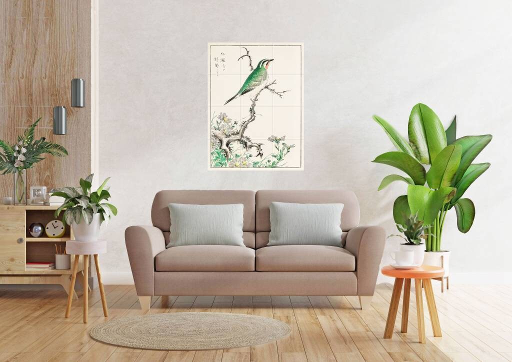Tile Mural/Mosaic Ceramic Panel of Numata Kashu Ruby Throat and Wild Camomile -Japanese Print -Ruby bird Print -Gloss Tiles Bird Tile Mosaic