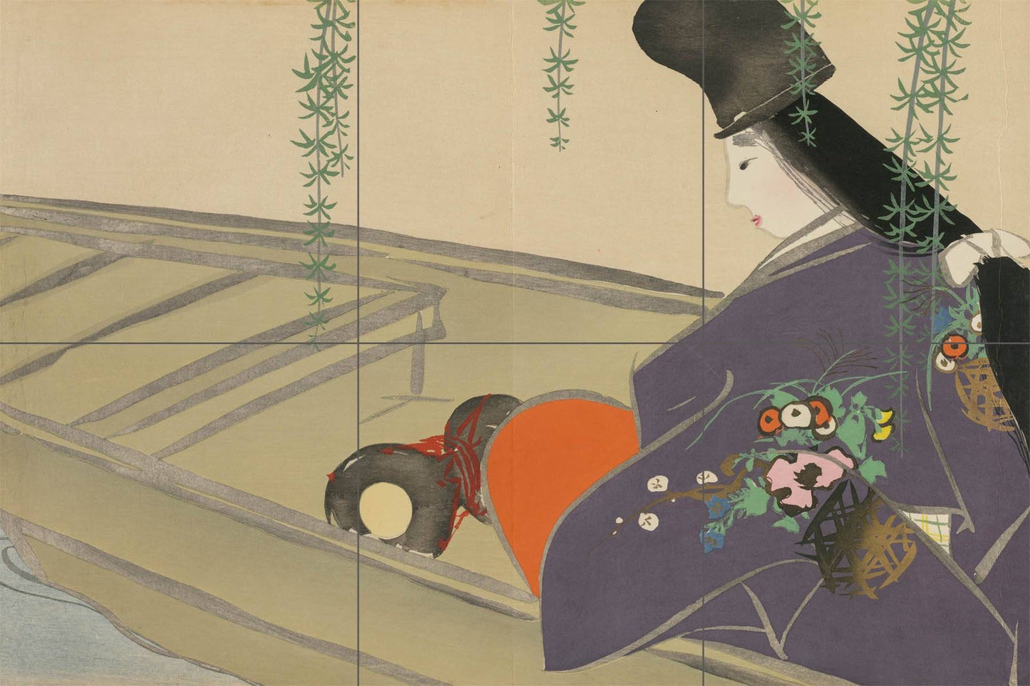 Tile Mural/Mosaic Ceramic Panel of Asazuma in Her Boat- Kamisaka Sekka Art - Japan Print - Japanese Tile Mural - Gloss Tiles - Tile Mosaic