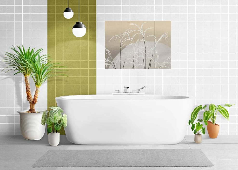 Tile Mural/Mosaic Ceramic Panel of Pampas Grass in Moonlight - Kamisaka Sekka Art - Japan - Japanese Tile Mural - Gloss Tiles - Tile Mosaic
