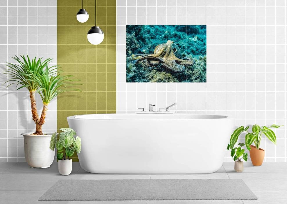 Tile Mural/Mosaic Ceramic Panel of Octopus - Underwater World Wall Art - Tile Mural Art Print - Octopus Mural - Home Decor - Tile Mosaic