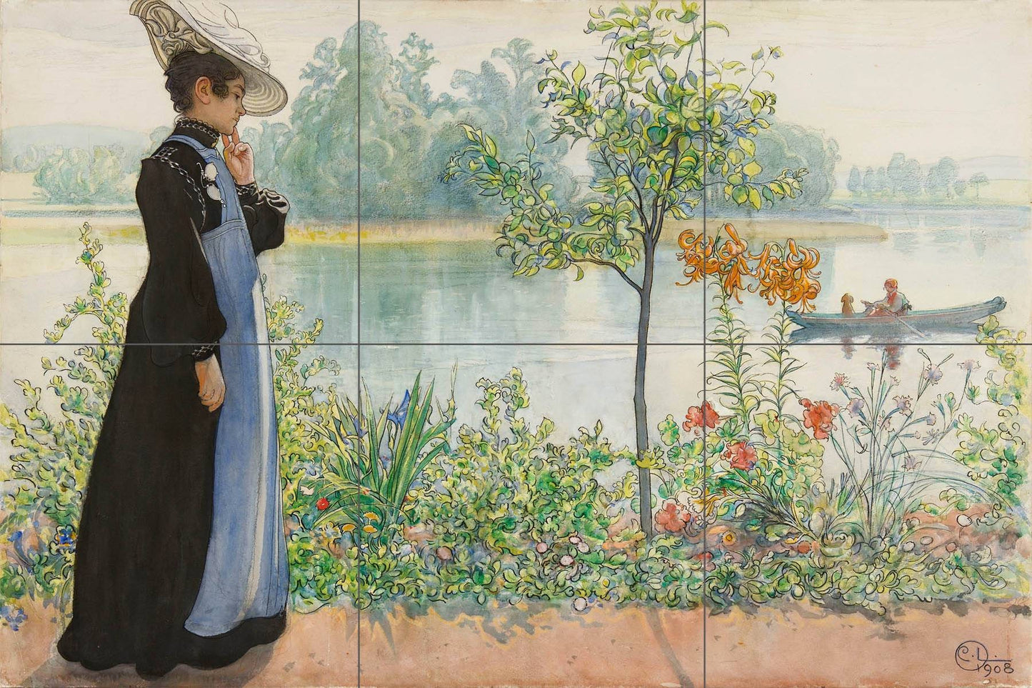 Tile Mural/Mosaic Ceramic Panel of Carl Larsson Karn by The Shore - Carl Larsson Print - Home Decor -Tile Mural - Tile Mural - Accent tiles