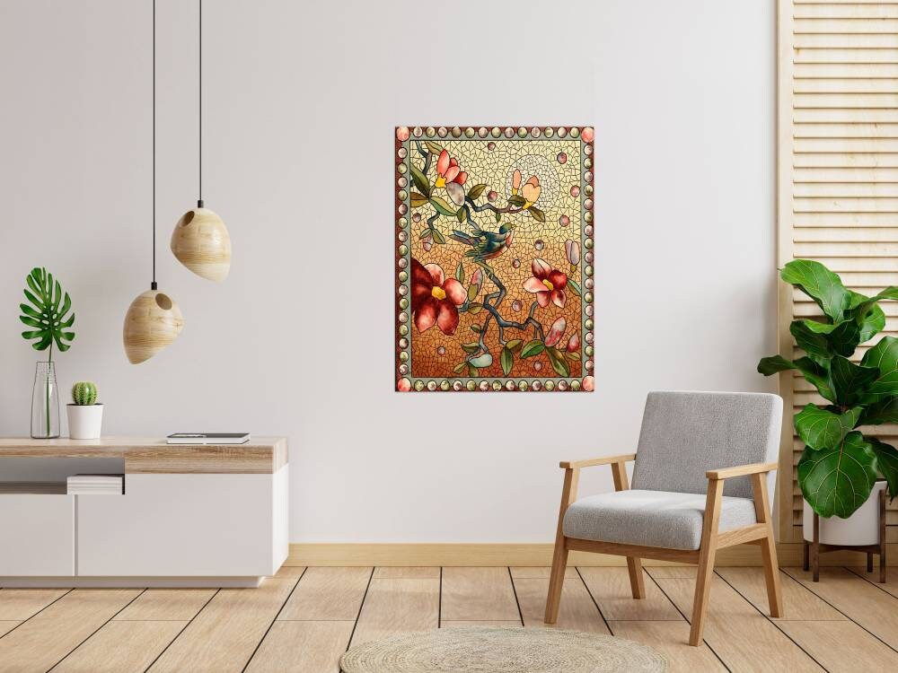 Tile Mural/Mosaic Ceramic Panel of Birds and Flowers - Bird Wall Art Print - Bird and Flower Mural - Home Decor - Bird Mural - Tile Mosaic