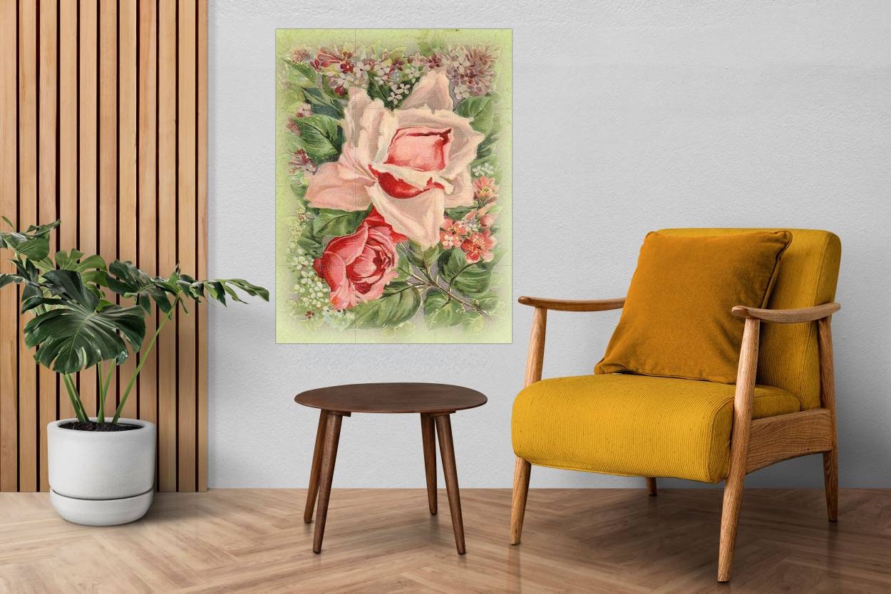 Tile Mural/Mosaic Ceramic of Roses Watercolour Painting - Flower Wall Art - Floral Tile Mural -Gloss Tiles - Flowers Mosaic- Tile Mosaic
