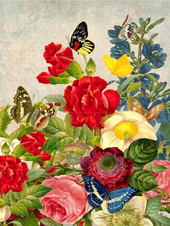 Tile Mural/Mosaic Ceramic of Flowers and Butterfly Watercolor - Butterfly wall print - Floral Tile Mural - Flowers Mosaic - Tile Mosaic