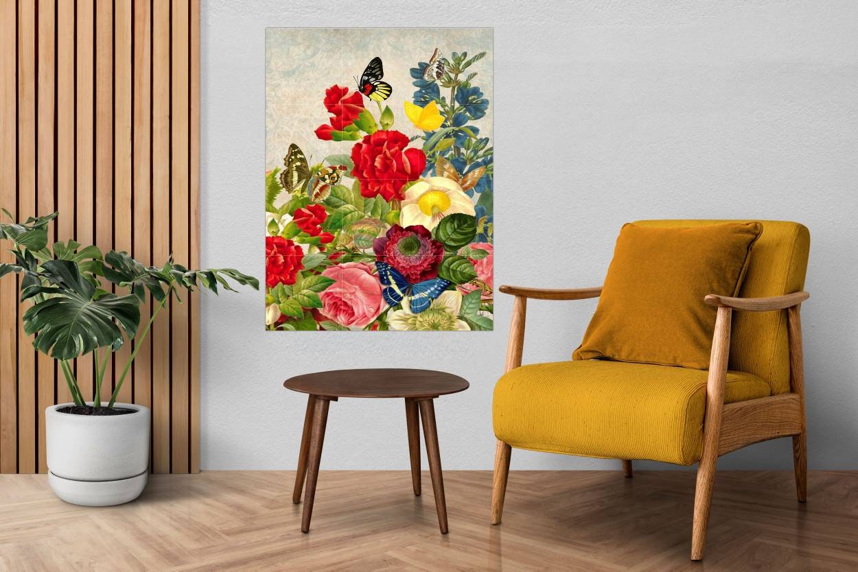 Tile Mural/Mosaic Ceramic of Flowers and Butterfly Watercolor - Butterfly wall print - Floral Tile Mural - Flowers Mosaic - Tile Mosaic