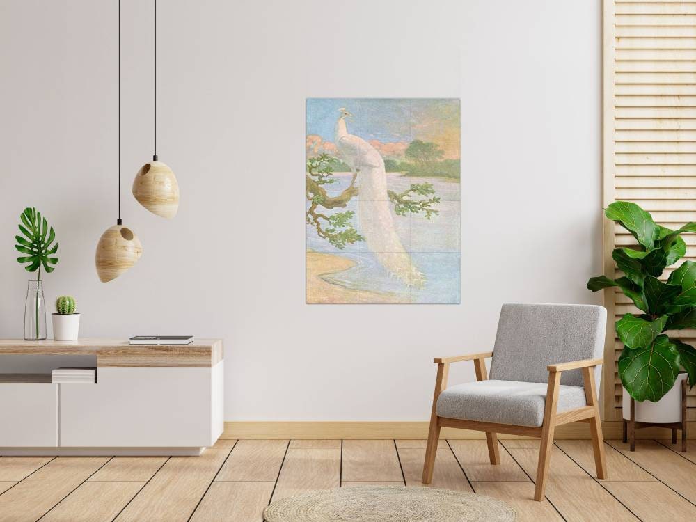 Tile Mural/Mosaic Ceramic Panel of White Peacock - Charles Robert Knight - Bird Wall Art Decor - Peacock Mural - Gloss Tiles - Tile Mosaic