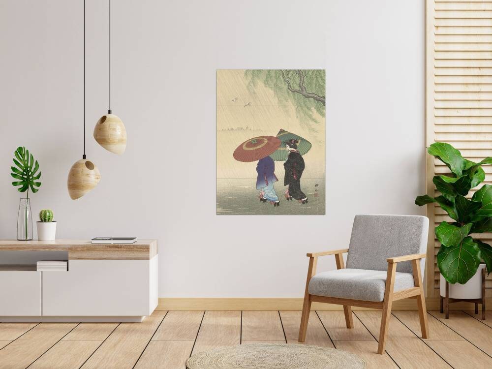 Tile Mural/Mosaic Ceramic Panel of Two Women in The Rain - Ohara Koson - Japan Art - Japanese Mural - Mosaic - Gloss Tiles - Tile Mosaic