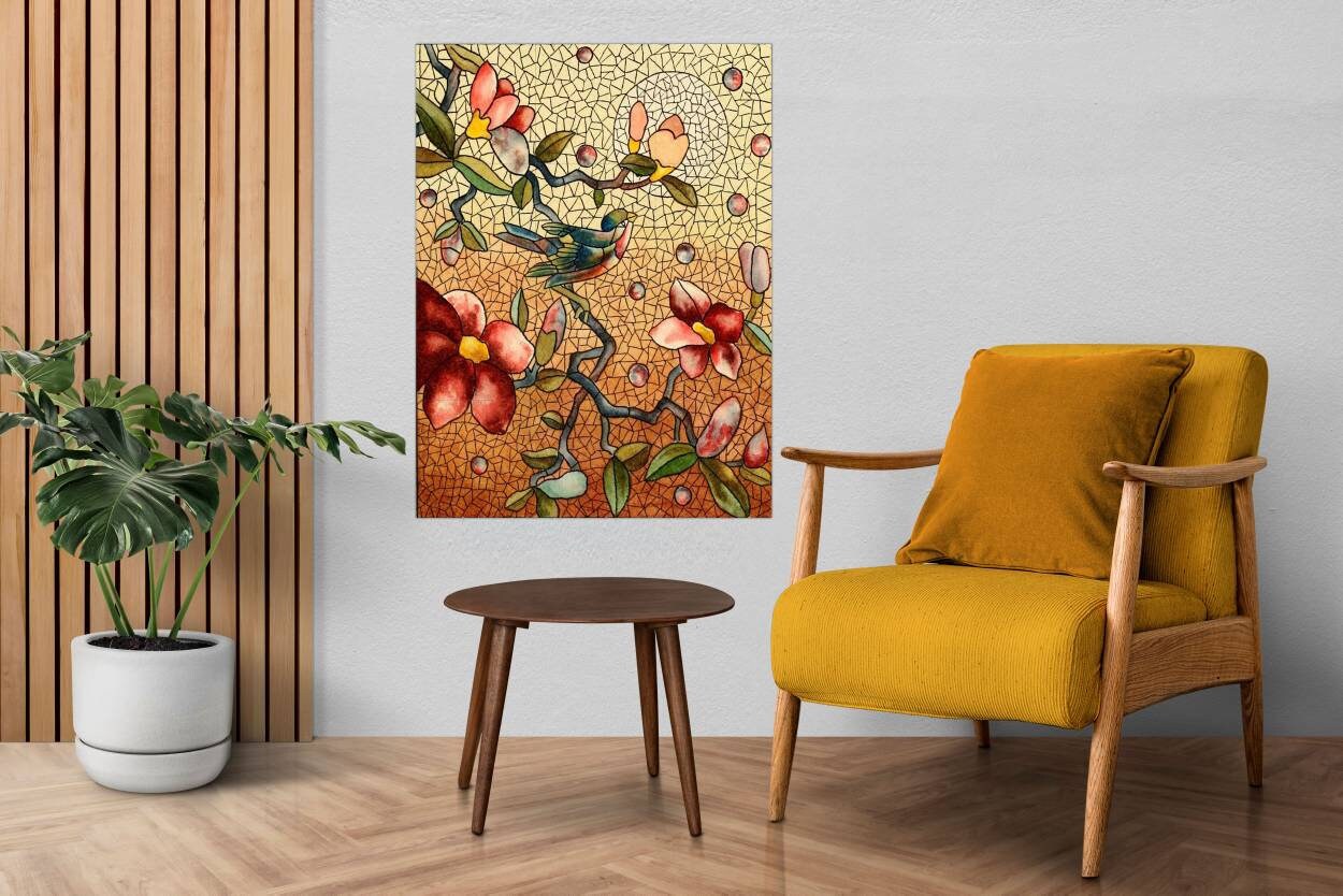 Tile Mural/Mosaic Ceramic Panel of Birds and Flowers - Bird Wall Art - Bird and Flower Tile Mural - Home Decor - Bird Mural - Tile Mosaic