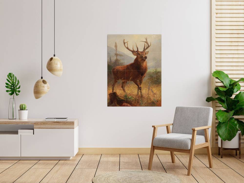 Tile Mural/Mosaic Ceramic Panel of a Trophy Stag in an Open Landscape Anton Weinberger - Deer print - Gloss Tiles - Deer Mural - Tile Mosaic