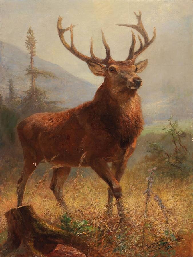 Tile Mural/Mosaic Ceramic Panel of a Trophy Stag in an Open Landscape Anton Weinberger - Deer print - Gloss Tiles - Deer Mural - Tile Mosaic