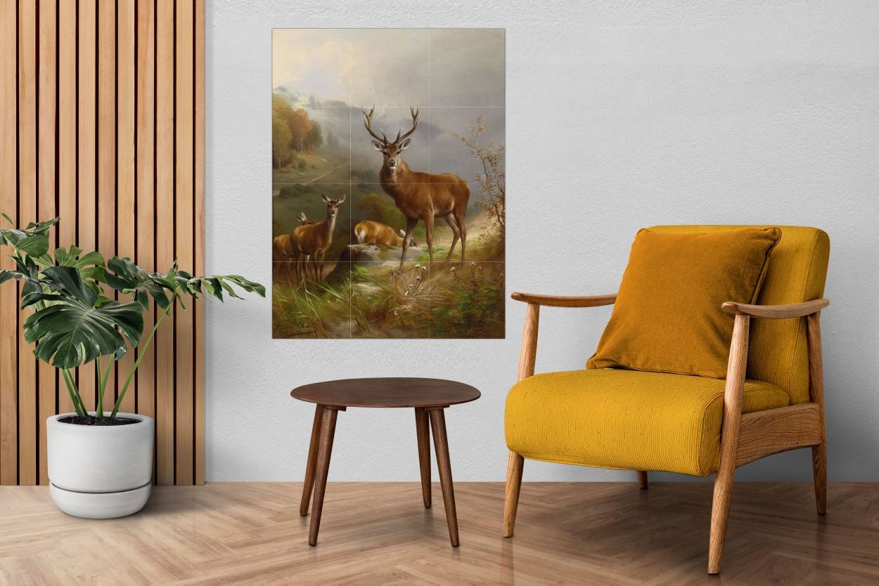 Tile Mural/Mosaic Ceramic Panel of a Rotwild - Anton Schmitz Painting - Wall Art Decor - Tile Mural - Gloss Tiles - Deer Mural - Tile Mosaic