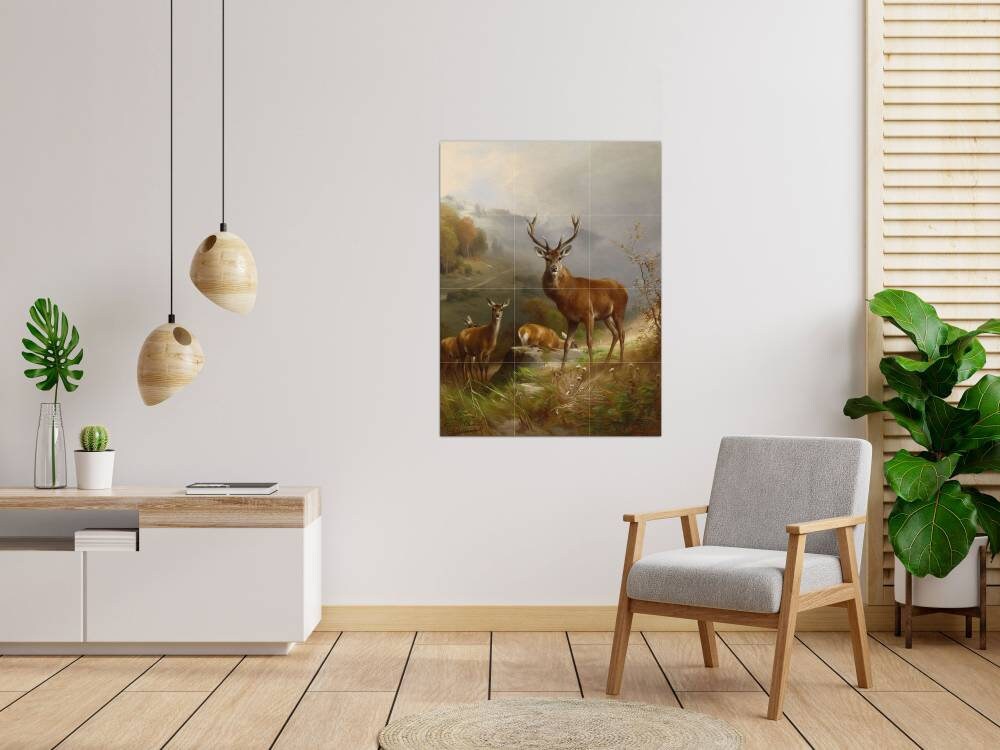 Tile Mural/Mosaic Ceramic Panel of a Rotwild - Anton Schmitz Painting - Wall Art Decor - Tile Mural - Gloss Tiles - Deer Mural - Tile Mosaic