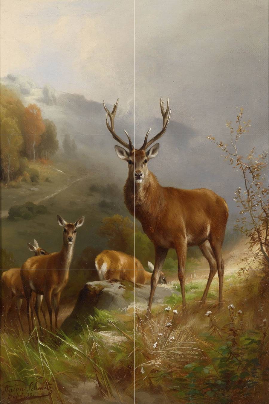 Tile Mural/Mosaic Ceramic Panel of a Rotwild - Anton Schmitz Painting - Wall Art Decor - Tile Mural - Gloss Tiles - Deer Mural - Tile Mosaic