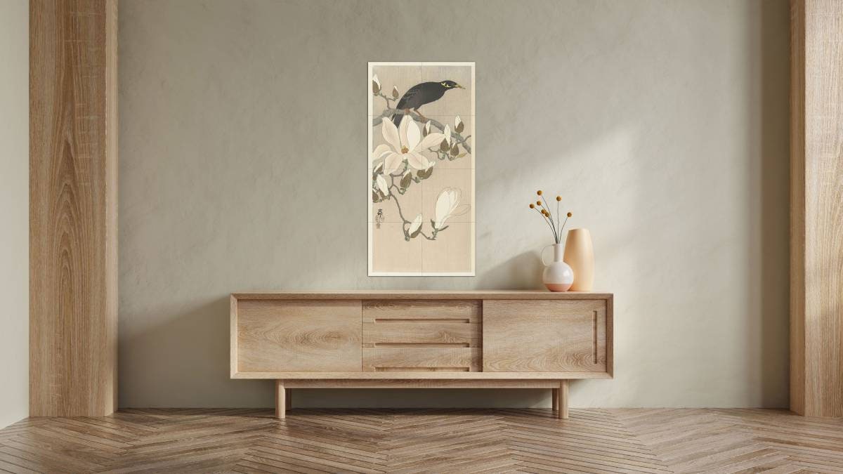 Tile Mural/Mosaic Ceramic Panel of a Myna on Magnolia Branch- Ohara Koson Painting- Japan Art- Japanese Mural -Gloss Tiles- Bird Tile Mosaic