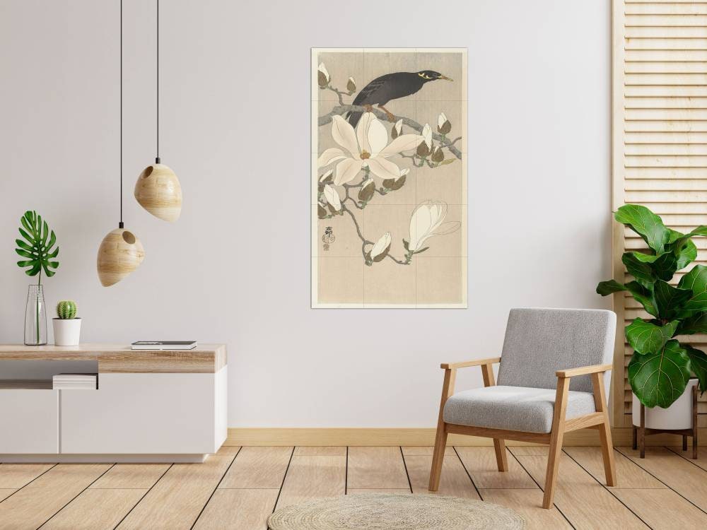 Tile Mural/Mosaic Ceramic Panel of a Myna on Magnolia Branch- Ohara Koson Painting- Japan Art- Japanese Mural -Gloss Tiles- Bird Tile Mosaic