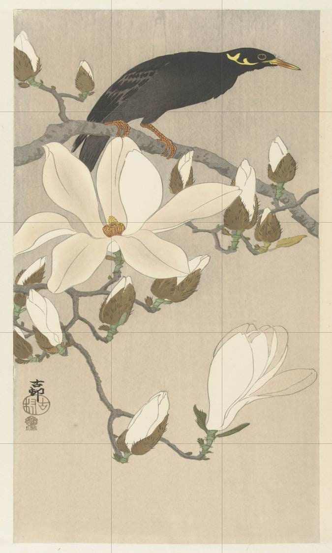 Tile Mural/Mosaic Ceramic Panel of a Myna on Magnolia Branch- Ohara Koson Painting- Japan Art- Japanese Mural -Gloss Tiles- Bird Tile Mosaic