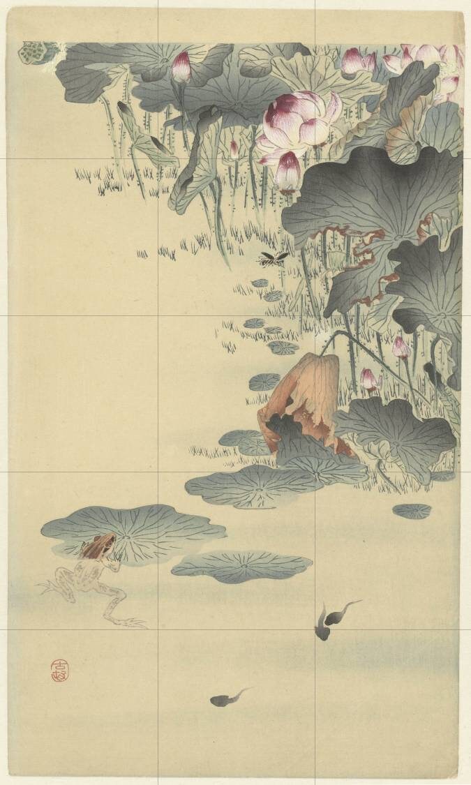 Tile Mural/Mosaic Ceramic Panel of a Frog and Tadpoles - Ohara Koson Painting- Japan Art- Japanese Mural -Gloss Tiles - Frog Tile Mosaic