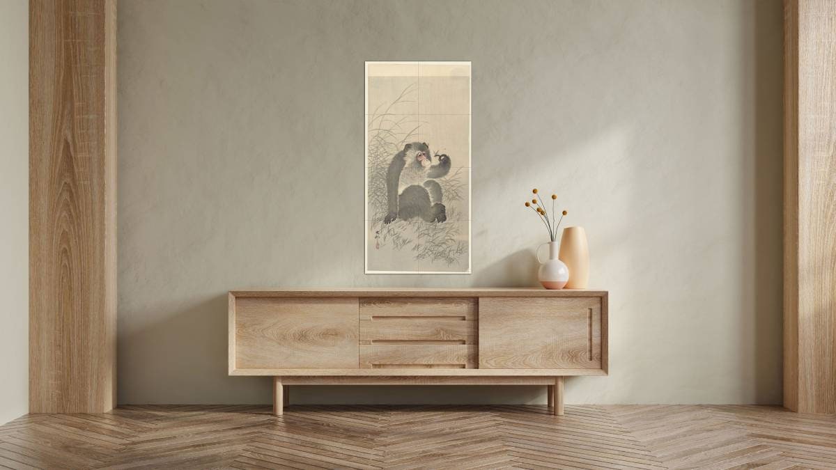 Tile Mural/Mosaic Ceramic Panel of a Monkey with Insect - Ohara Koson Painting- Japan Art- Japanese Mural -Gloss Tiles - Monkey Tile Mosaic