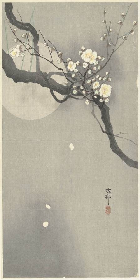 Tile Mural/Mosaic Ceramic Panel of a Plum blossom and full moon - Ohara Koson - Japan Art- Japanese Mural -Gloss Tiles - Flower Tile Mosaic