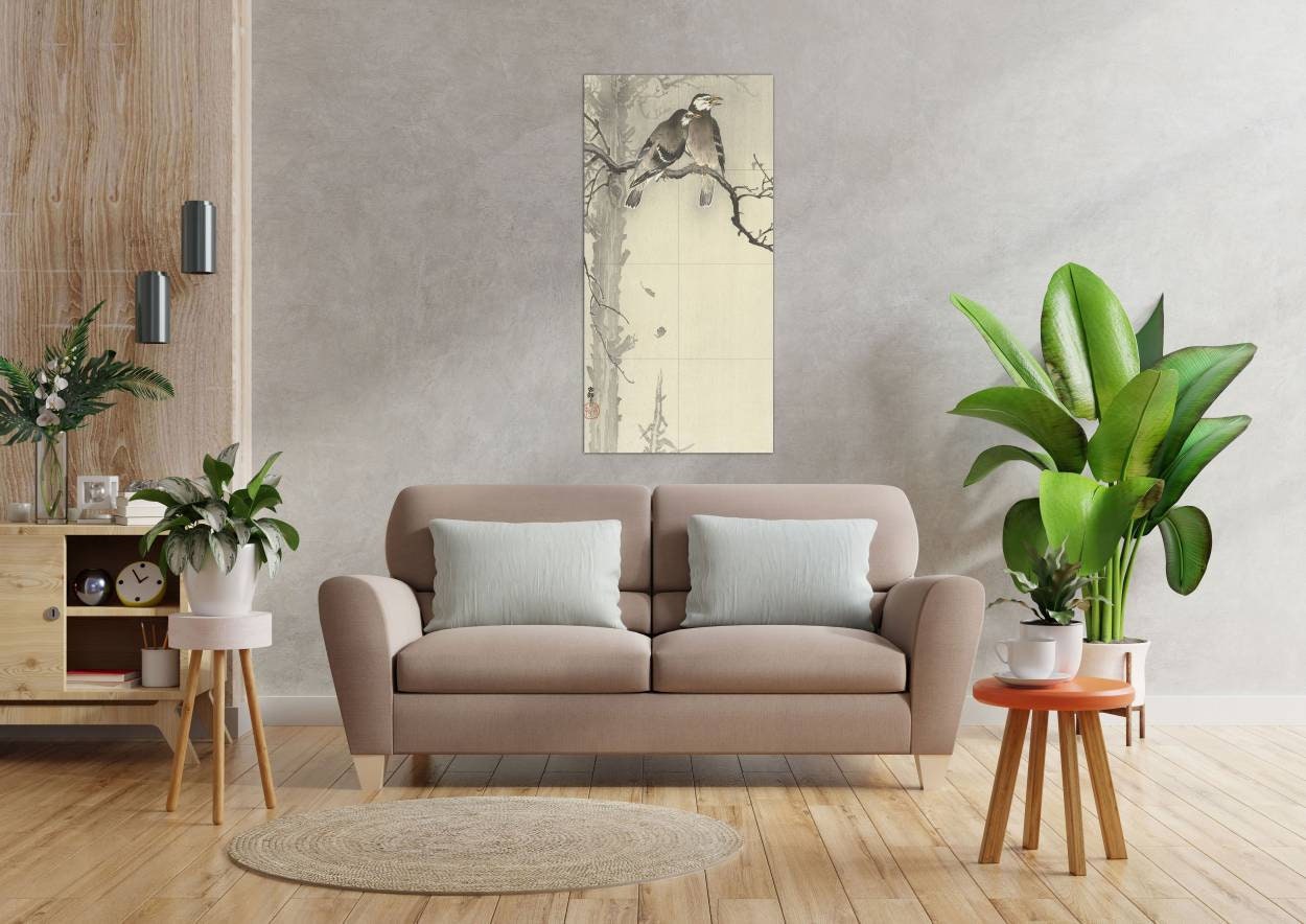 Tile Mural/Mosaic Ceramic Panel of Two Gray Starlings - Ohara Koson - Japan Art - Japanese Mural - Gloss Tiles - Tile Mosaic - Bird Mural