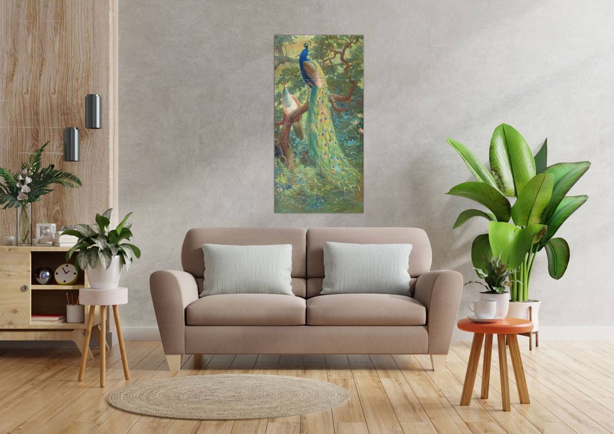 Tile Mural/Mosaic Ceramic Panel of Indian Peafowl - Charles Robert Knight - Bird Wall Art Decor - Peacock Mural - Gloss Tiles - Tile Mosaic