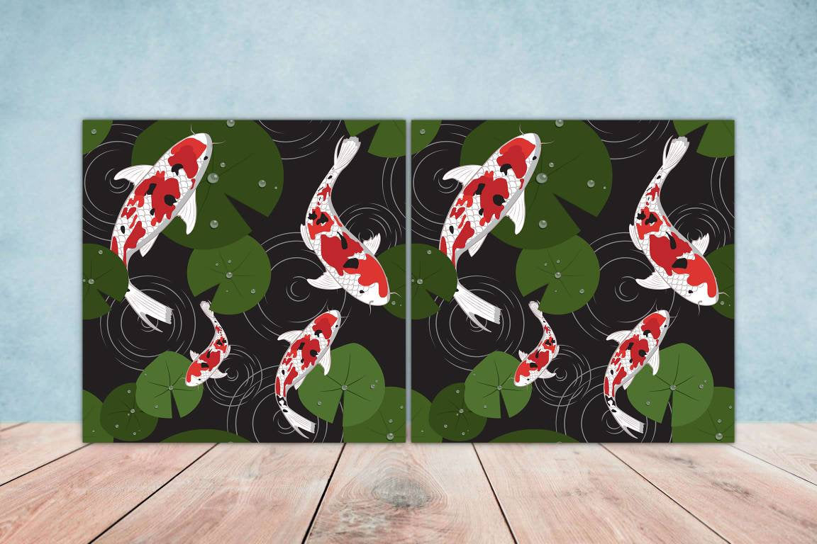 Koi Fish Ceramic Tile - Japanese Tiles -Set of 2 Wall Decor Tiles -Kitchen Backsplash Tiles,Table Decorative Tiles,Bathroom, Coaster